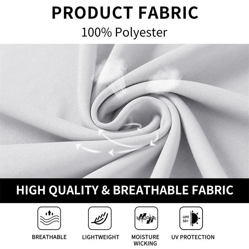 Close-up of gym tank top fabric showing breathable, lightweight, moisture-wicking, UV-protective 100% polyester material features.